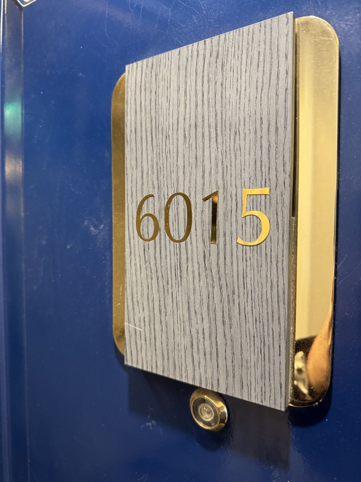 Our room door number 6015. It’s gold letters on a white background, the door is blue. 