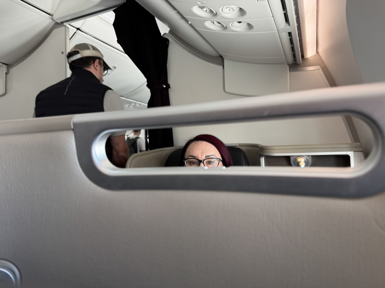 Mardi peering through the back of one of the chairs on the aircraft