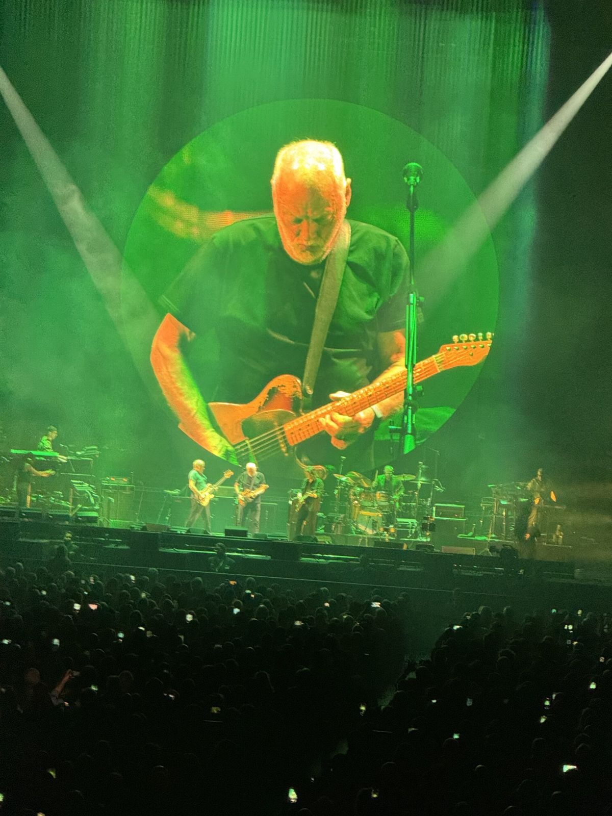 Gilmour on the massive screen, bathed in green. Ripping out a solo on his Gibson guitar. Not his standard fender. 